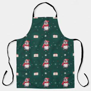 Penguin Santa Green Happy Merry Christmas pattern Apron