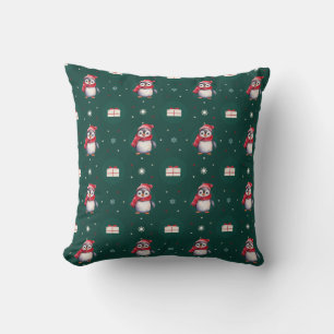 Penguin Santa Green Happy Merry Christmas pattern Cushion