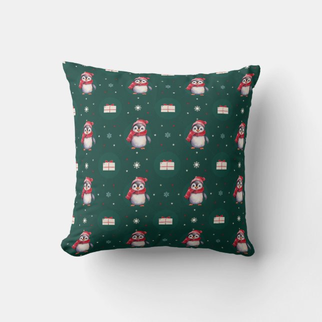 Penguin Santa Green Happy Merry Christmas pattern Cushion (Front)