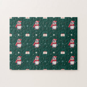 Penguin Santa Green Happy Merry Christmas pattern Jigsaw Puzzle