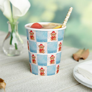 Penguin Santa Happy Merry Christmas check pattern Paper Cups