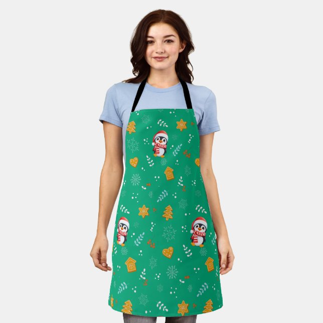 Penguin Santa Happy Merry Christmas tree pattern Apron (Worn)
