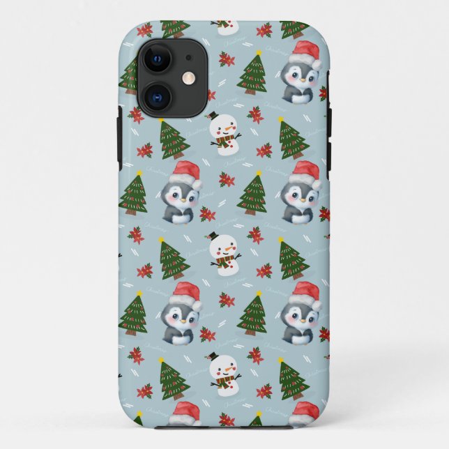 Penguin Santa Happy Merry Christmas tree pattern Case-Mate iPhone Case (Back)