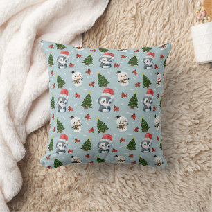 Penguin Santa Happy Merry Christmas tree pattern Cushion