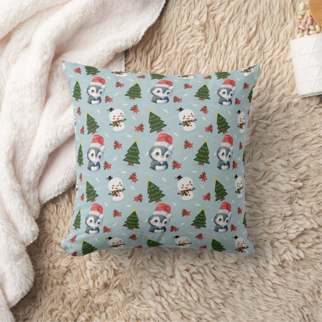 Penguin Santa Happy Merry Christmas tree pattern Cushion (Blanket)
