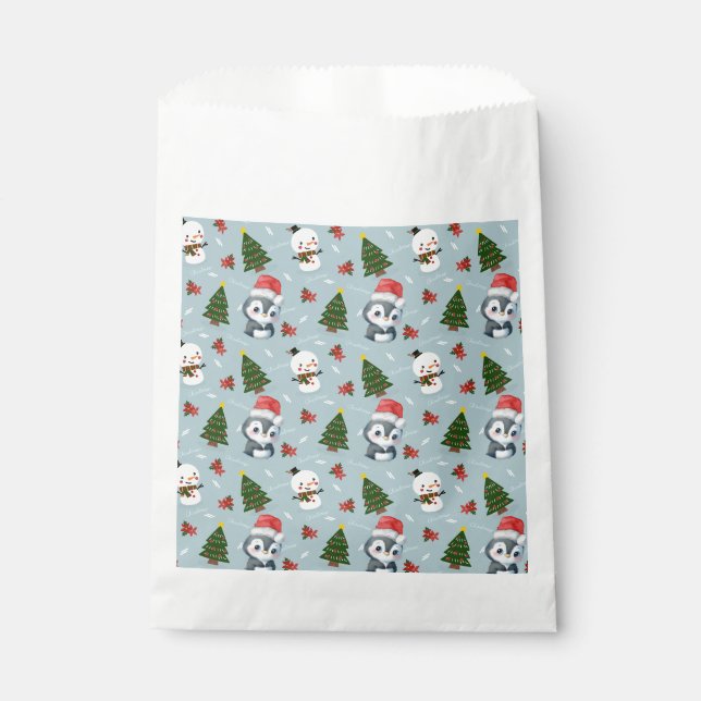 Penguin Santa Happy Merry Christmas tree pattern Favour Bags (Front)