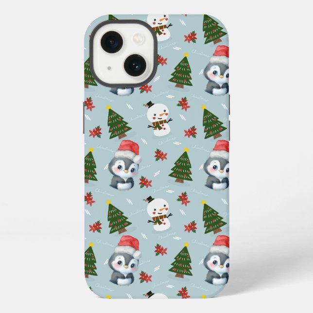 Penguin Santa Happy Merry Christmas tree pattern iPhone Case (Back)