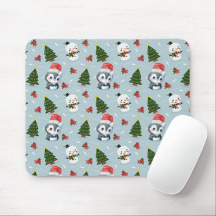 Penguin Santa Happy Merry Christmas tree pattern Mouse Mat