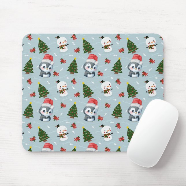 Penguin Santa Happy Merry Christmas tree pattern Mouse Mat (With Mouse)