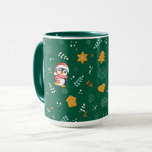 Penguin Santa Happy Merry Christmas tree pattern Mug