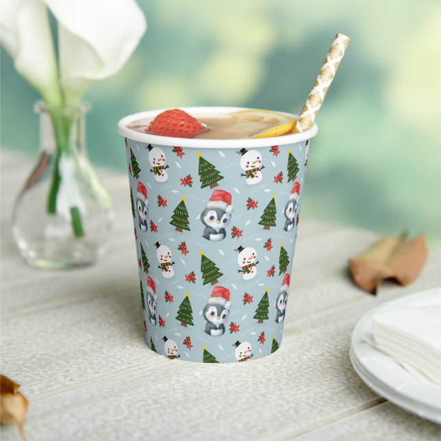 Penguin Santa Happy Merry Christmas tree pattern Paper Cups (Insitu)