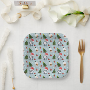 Penguin Santa Happy Merry Christmas tree pattern Paper Plate