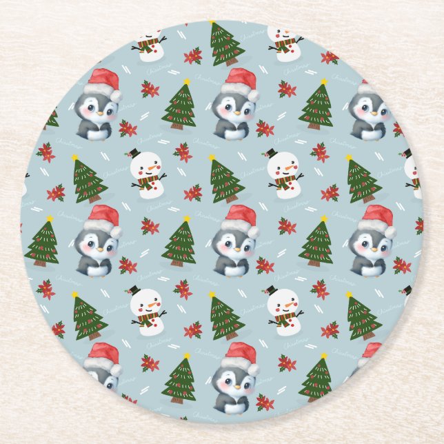 Penguin Santa Happy Merry Christmas tree pattern Round Paper Coaster (Front)