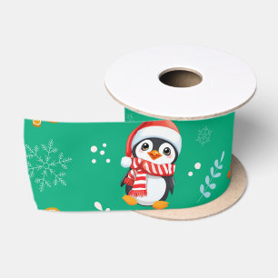 Penguin Santa Happy Merry Christmas tree pattern Satin Ribbon