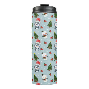 Penguin Santa Happy Merry Christmas tree pattern Thermal Tumbler