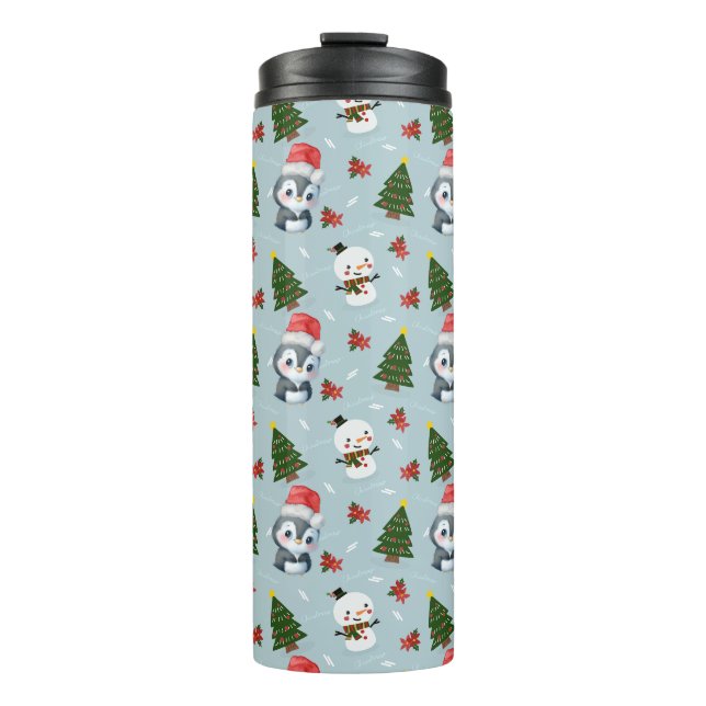 Penguin Santa Happy Merry Christmas tree pattern Thermal Tumbler (Front)