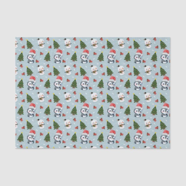 Penguin Santa Happy Merry Christmas tree pattern Tissue Paper (Front)