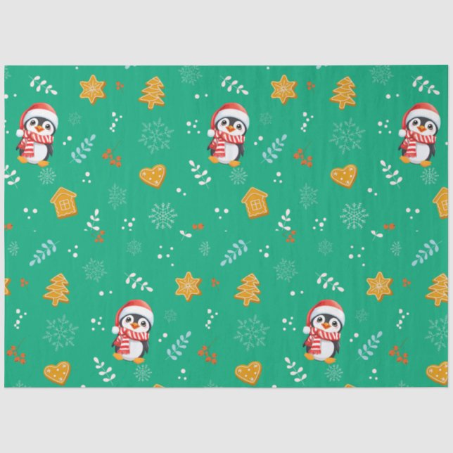 Penguin Santa Happy Merry Christmas tree pattern Tissue Paper (Front)