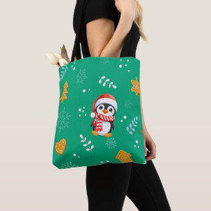 Penguin Santa Happy Merry Christmas tree pattern Tote Bag
