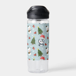 Penguin Santa Happy Merry Christmas tree pattern Water Bottle