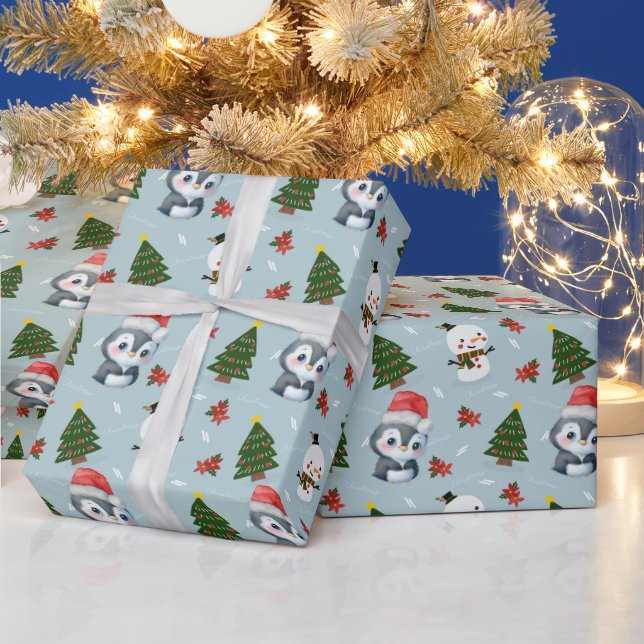 Penguin Santa Happy Merry Christmas tree pattern Wrapping Paper (Holidays)