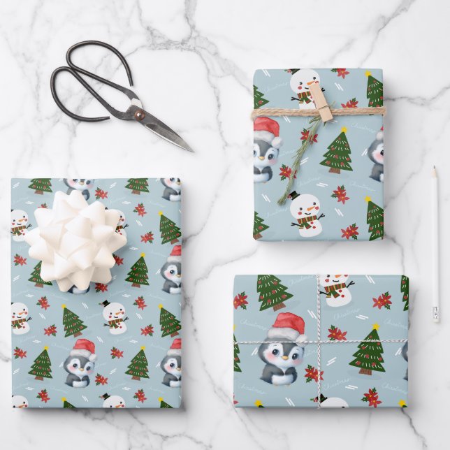 Penguin Santa Happy Merry Christmas tree pattern Wrapping Paper Sheet (Front)