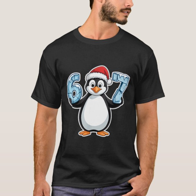 Penguin Santa Hat 67 Icy Numbers Christmas Birthda T-Shirt (Front)