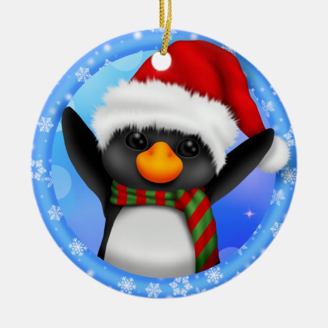 Penguin Santa Hat Year Ceramic Tree Decoration (Front)