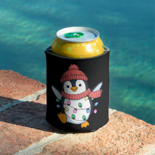 Penguin Santa Lights Christmas Penguins Xmas Can Cooler