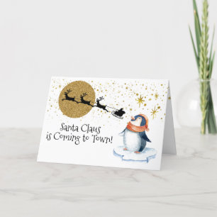 Penguin Santa Sleigh Gold Modern Painting Holiday Card