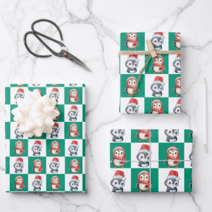 Penguin Santa watercolor Merry Christmas pattern Wrapping Paper Sheet