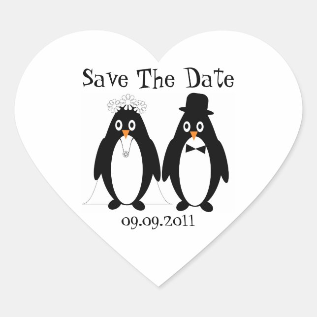 Penguin Save The Date Wedding Announcement Heart Sticker (Front)