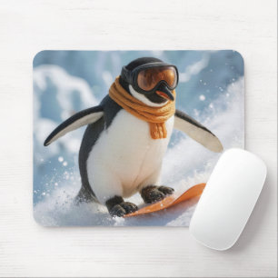 Penguin Snowboarding Downhill Mouse Mat