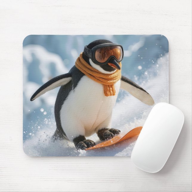 Penguin Snowboarding Downhill Mouse Mat (With Mouse)