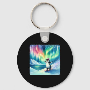 Penguin Snowboarding Under Colourful Aurora Boreal Key Ring