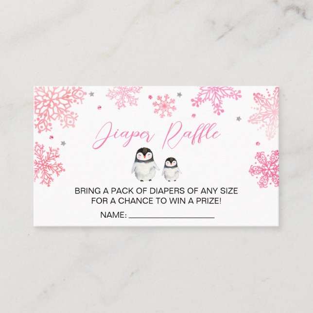 Penguin Snowflakes Baby Shower Diaper Raffle Sign Business Card (Front)