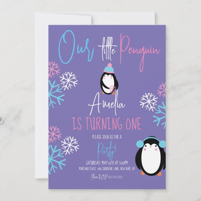 Penguin Snowflakes Pink Blue 1st Birthday Violet Invitation (Front)