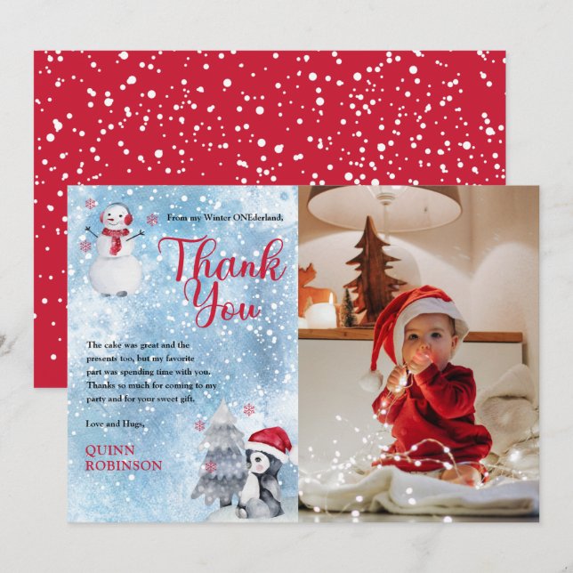 Penguin Snowman ONEderland 1st Birthday Thank You Card (Front/Back)