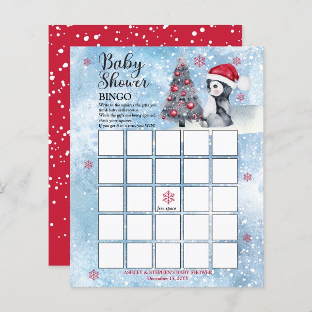Penguin Snowman Winter Boy Baby Shower Bingo Card (Front/Back)