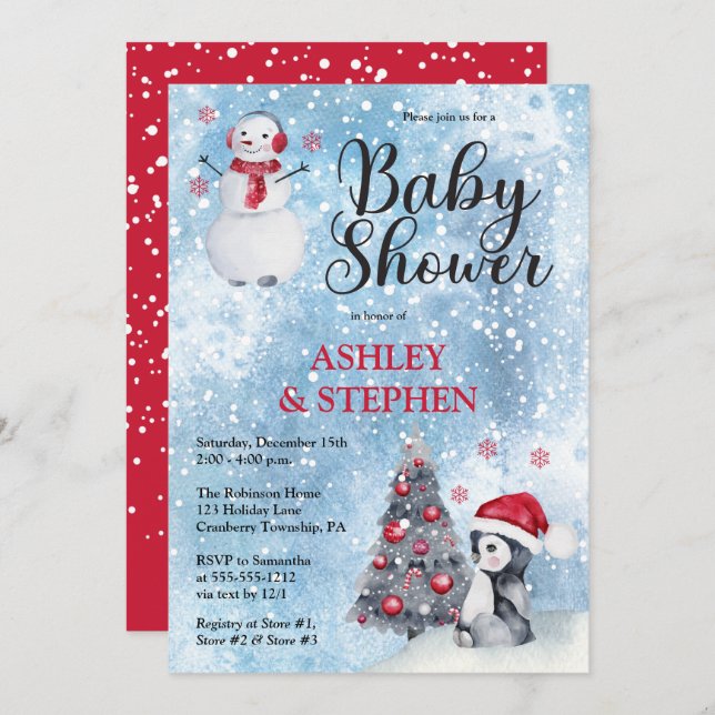 Penguin | Snowman Winter Boy Baby Shower Invitation (Front/Back)