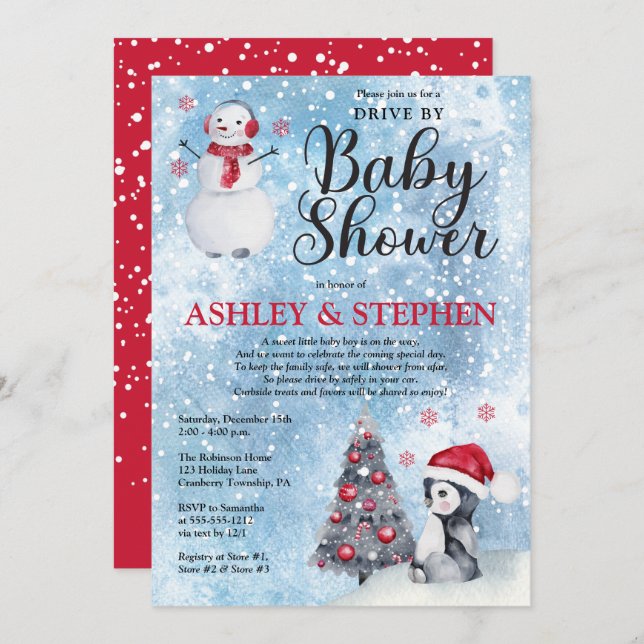 Penguin | Snowman Winter Drive By Boy Baby Shower  Invitation (Front/Back)
