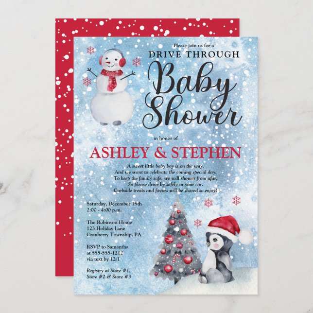 Penguin Snowman Winter Drive Thru Boy Baby Shower  Invitation (Front/Back)