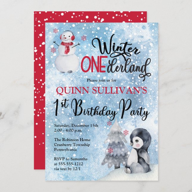 Penguin | Snowman Winter ONEderland 1st Birthday I Invitation (Front/Back)