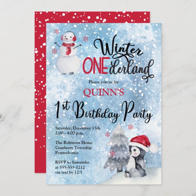 Penguin | Snowman Winter ONEderland 1st Birthday Invitation (Front/Back)