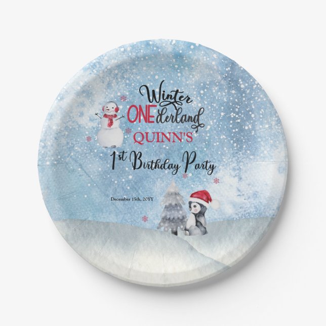 Penguin | Snowman Winter ONEderland 1st Birthday Paper Plate (Front)