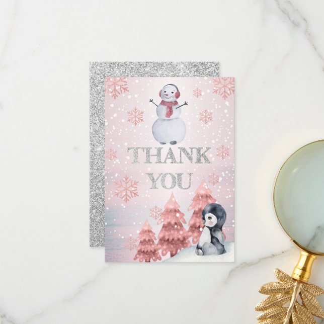 Penguin | Snowman Winter ONEderland Birthday Thank You Card (Front/Back In Situ)