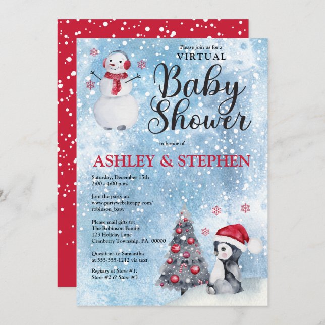 Penguin Snowman Winter Virtual Boy Baby Shower  Invitation (Front/Back)