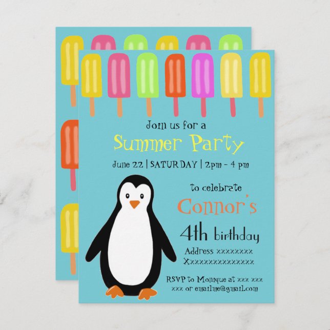 Penguin Summer Party with Popsicles Invitation (Front/Back)