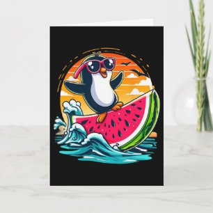 Penguin Sungles Watermelon Surfing Summer Sunset S Card