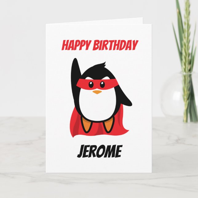 Penguin super hero kids superhero birthday cards (Front)